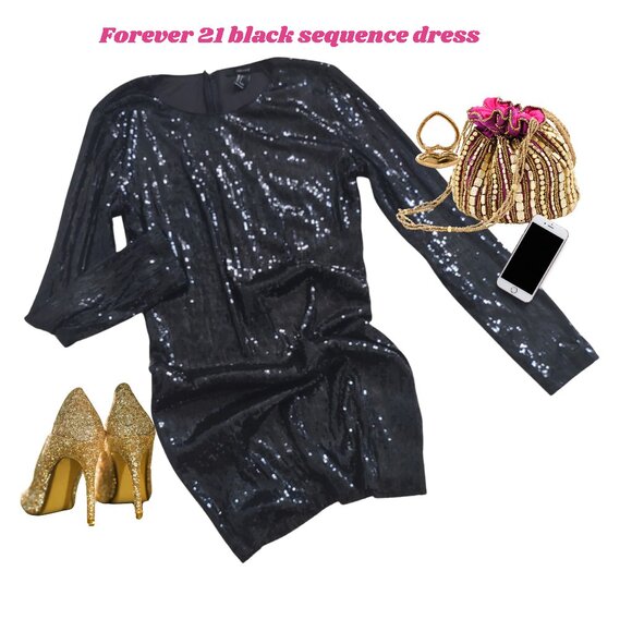 Forever 21 Dresses & Skirts - Rare Forever 21 Black short sequence dress long sleeves dressy feminine party L